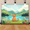 2D Orange Cat Watching Mountain Lake Tapestry Cartoon Nature Wall Hanging