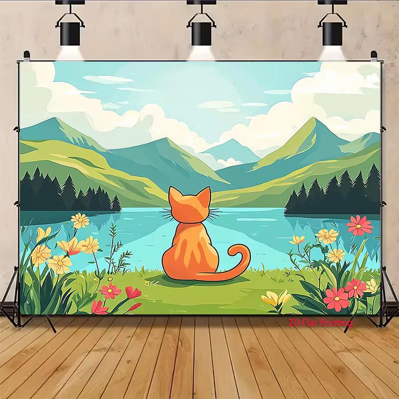 2D Orange Cat Watching Mountain Lake Tapestry Cartoon Nature Wall Hanging
