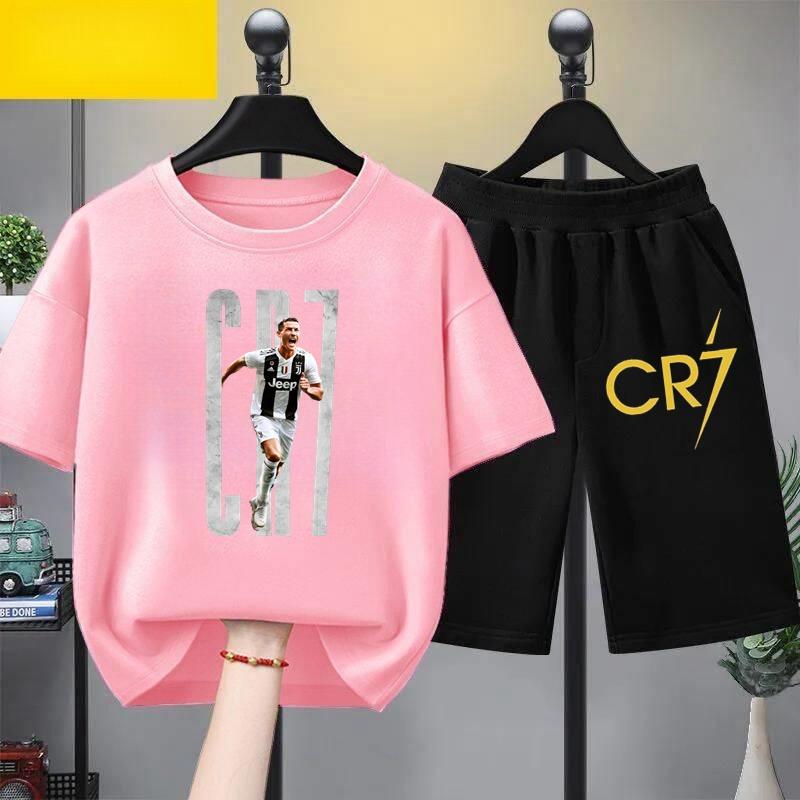 Kids Summer Children Clothing CR7 Soccer Star Print Short Sleeve Top Shorts 2pcs Set Soft Sports Tracksuit Outfit Wear