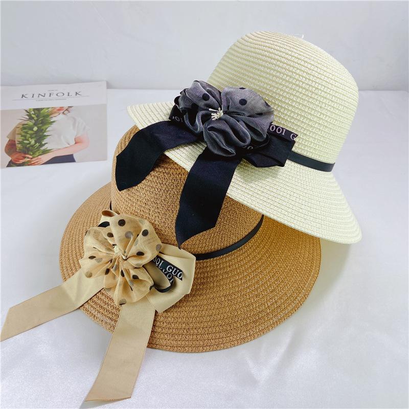 Bucket hat trendy breathable sun protection sun bow hat women's summer big brim straw hat shade beach hat