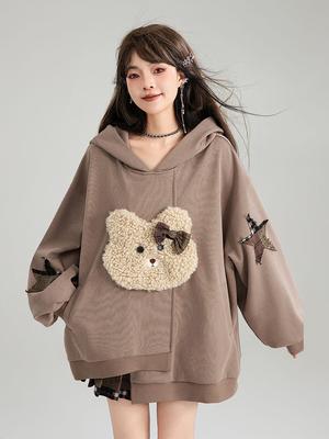 Women Pure Cotton Cute Bear Pullover Autumn Winter New Casual Plush Loose Asymmetric Hooded Sweatshirt Female Top
