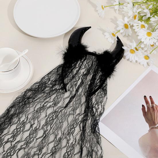 Halloween Devil Horn Hair Hoop Ox Horn Flower Veil Handmade Mesh Headband Party Cosplay Costume Accessory