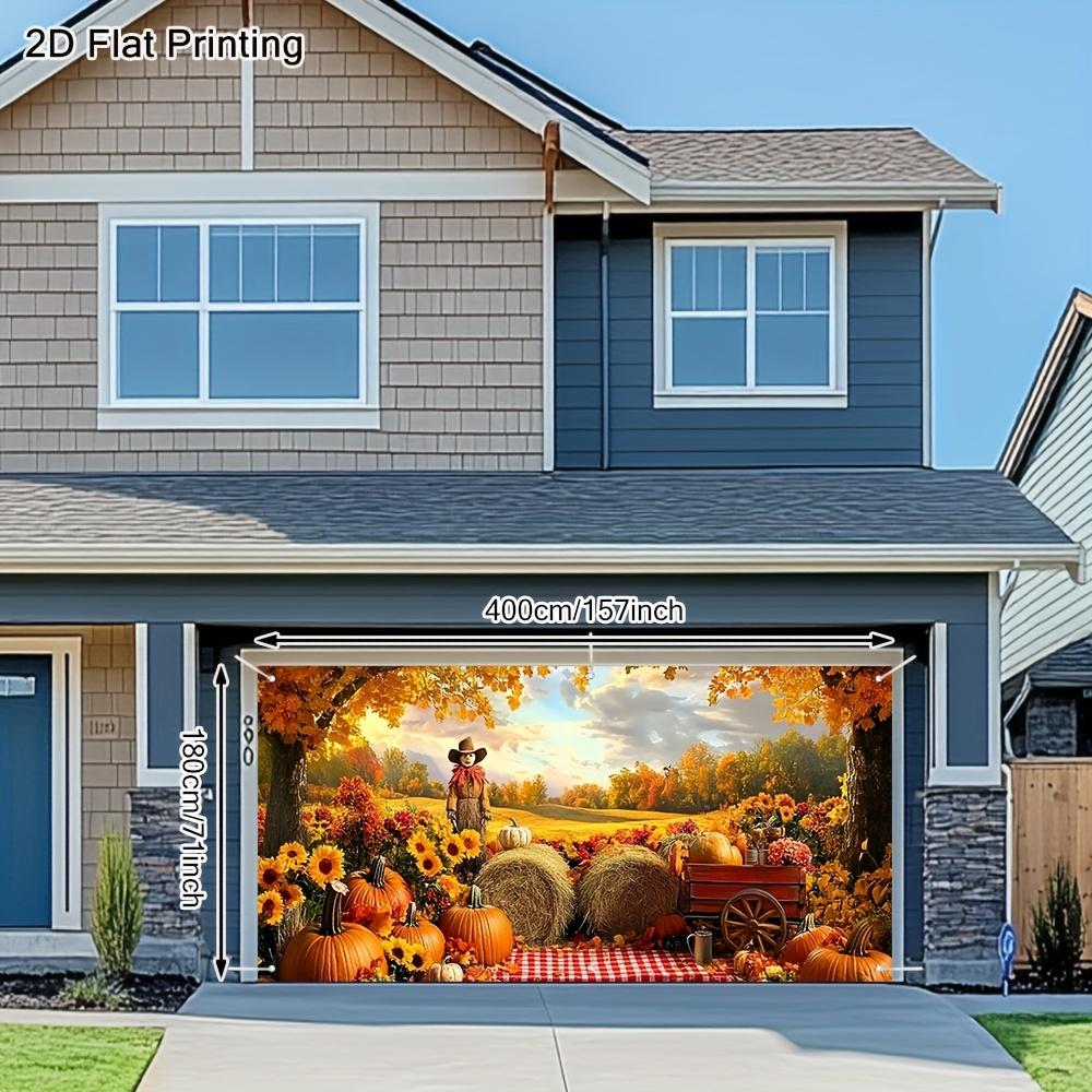 1 piece vintage autumn harvest scarecrow and haystack garage door flag -2D flat printing large fabric cover