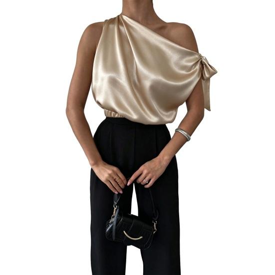 Dames Blouse Schuine Schouder Asymmetrisch Off-Shoulder Strik Blouse Casual Kantoorstijl Losse Pasvorm Satijnen Tops Dagelijkse Kleding