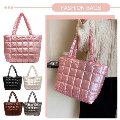 Women Girls Winter Shoulder Bag Zipper Closure Plain Check Bag Gloss Surface Cloud Bubble Bag Basic Style For Shopping Traveling
