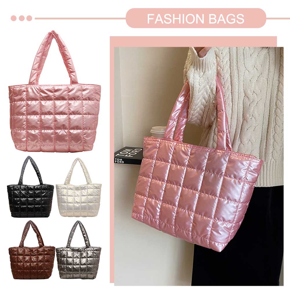 Women Girls Winter Shoulder Bag Zipper Closure Plain Check Bag Gloss Surface Cloud Bubble Bag Basic Style For Shopping Traveling