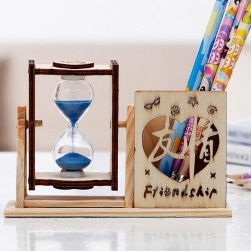 1pcs Wood Sand Glass Hourglass Timer Clock with Pen Holder Home Office Desktop Decor Handmade Craft Gifts