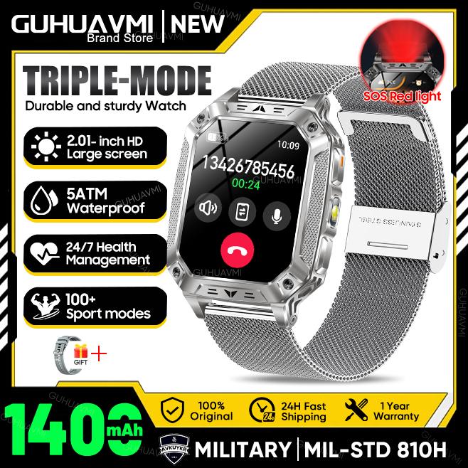 New Outdoors Durable Military Men Smart Watch 1400mAh battery 5ATM Swim LED flashlight+SOS Red Light Sports Call Smartwatch