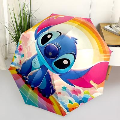 Stitch, Regenbogen-Thema, Automatisches Öffnen und Schließen, Helle Farben, 8-Speichen, Tragbarer Regenschirm, Geeignet für Männer und Frauen, Ein Perfektes Geschenk für