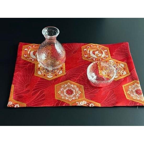 Kinran-ori Tea Mat Tokoshie Japanese Traditional Patterns Wagara Obi-style High-end Tableware (red)