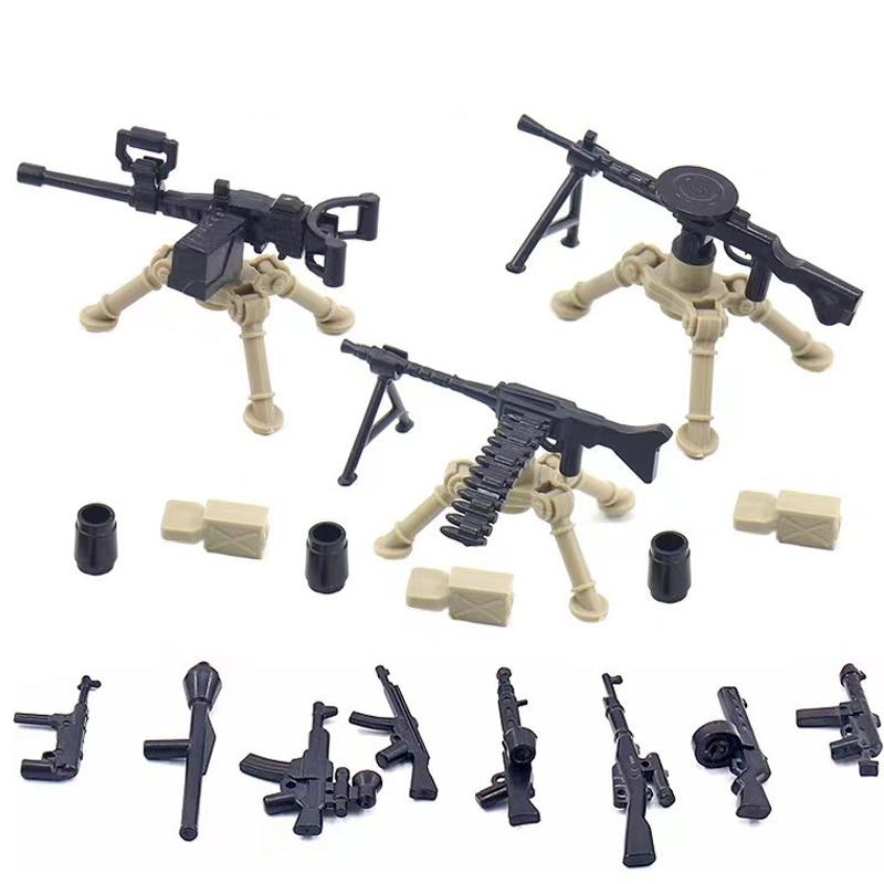 Army WWII Soldier Figure Armaments Brick Playset Gatling M2 Heavy Machine Aviation Gun NSV Bullet Chain Mortar ZB53 Toys Playsetss T12