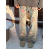 American Heavy Industry Rose Print Jeans Men's Loose Straight Pants High Street Vibe Casual Trendy Brand Wide Leg Trousers