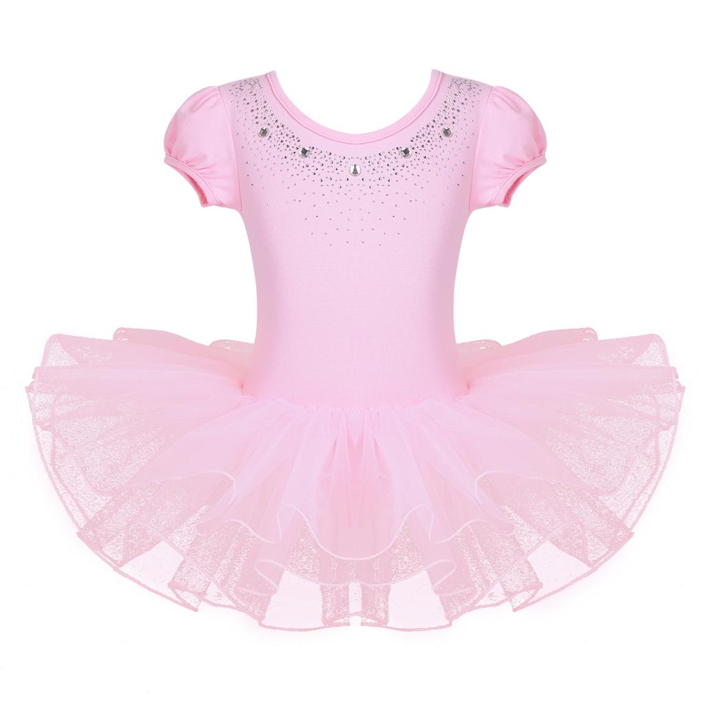 Kids Girls Dance Short Sleeves Ballet Mesh Tutu Dress Child Dancewear Costumes