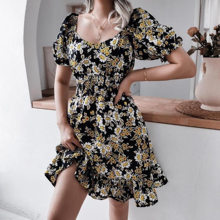 Floral Square Neck Dress with Waist Ruffle Balloon Sleeves Chic Summer