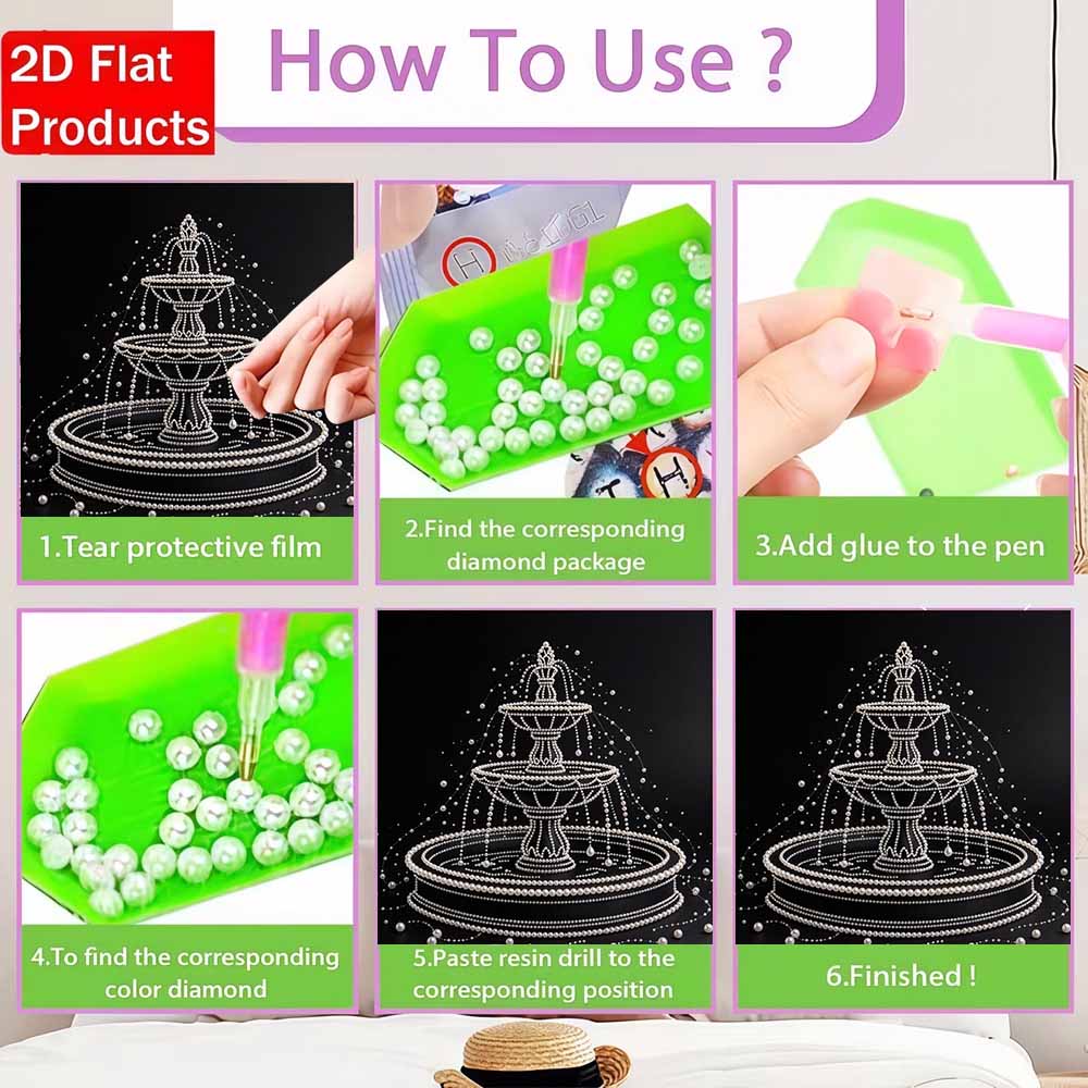 DIY Pearl Diamond Painting Set with Frame Fountain Design 3D Pearl Beads. Home Wall Decor