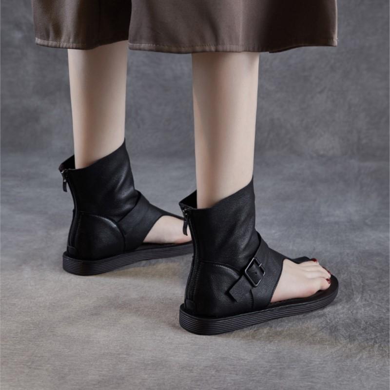 Johnature Genuine Leather Roman Flat Sandals Flip Flops Hollow Short Boots Fashionable Women's Shoes