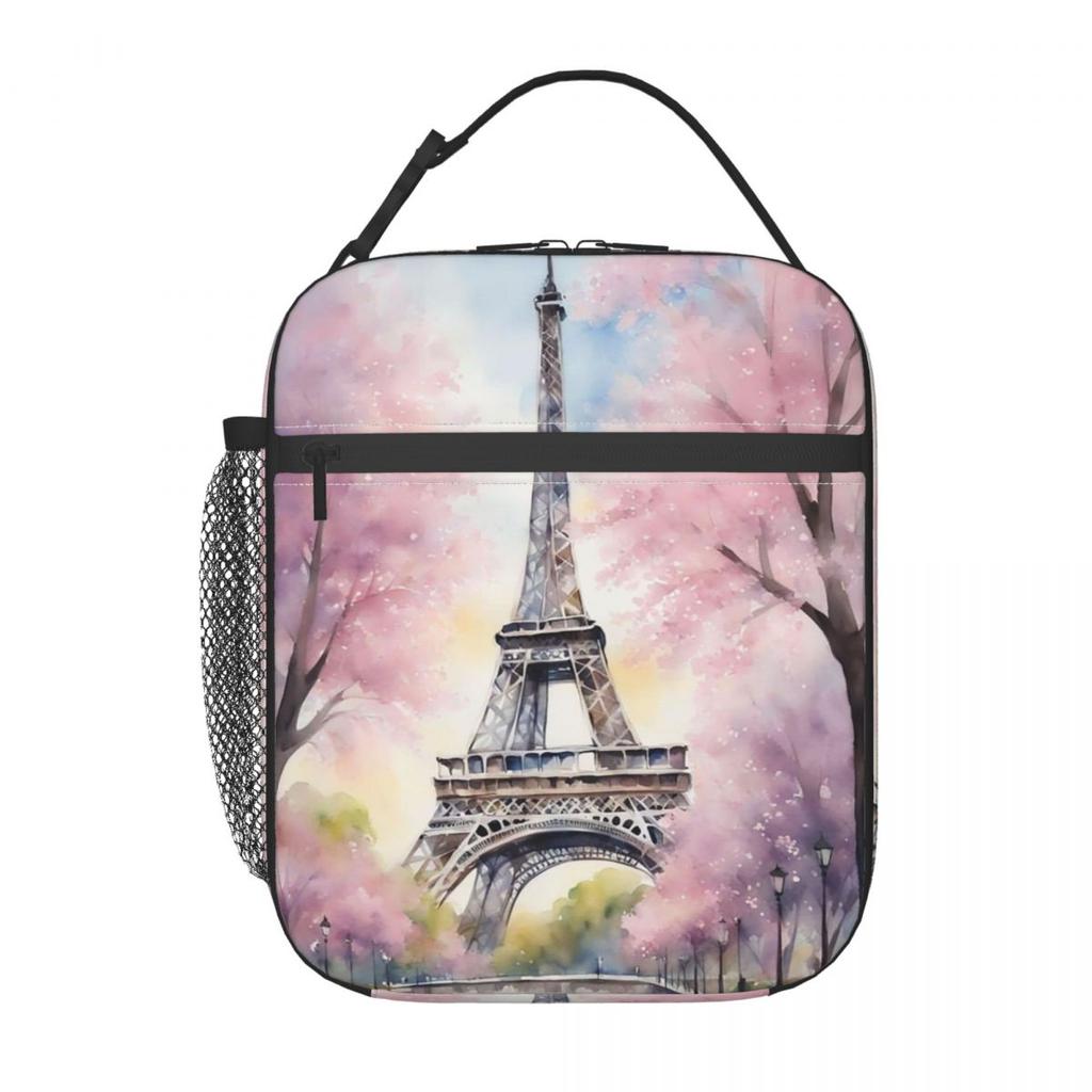 Eiffel Tower And Cherry Blossoms Design Insulated Lunch Bag for Women Kids Portable Food Boxes Thermal Lunch Box Tote