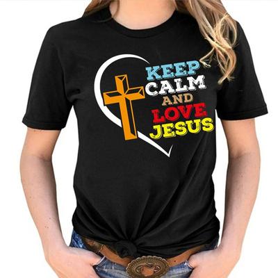 Camisetas con la frase Keep Calm and Love Jesus para mujer, camisetas de verano, informales, holgadas, de talla grande, cómodas, para mujer