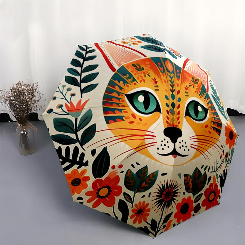 1pc Orange Cat Art Pattern Automatic Umbrella, 8 Iron Frames,Suitable for Office, Travel and Outdoor Adventure.A060