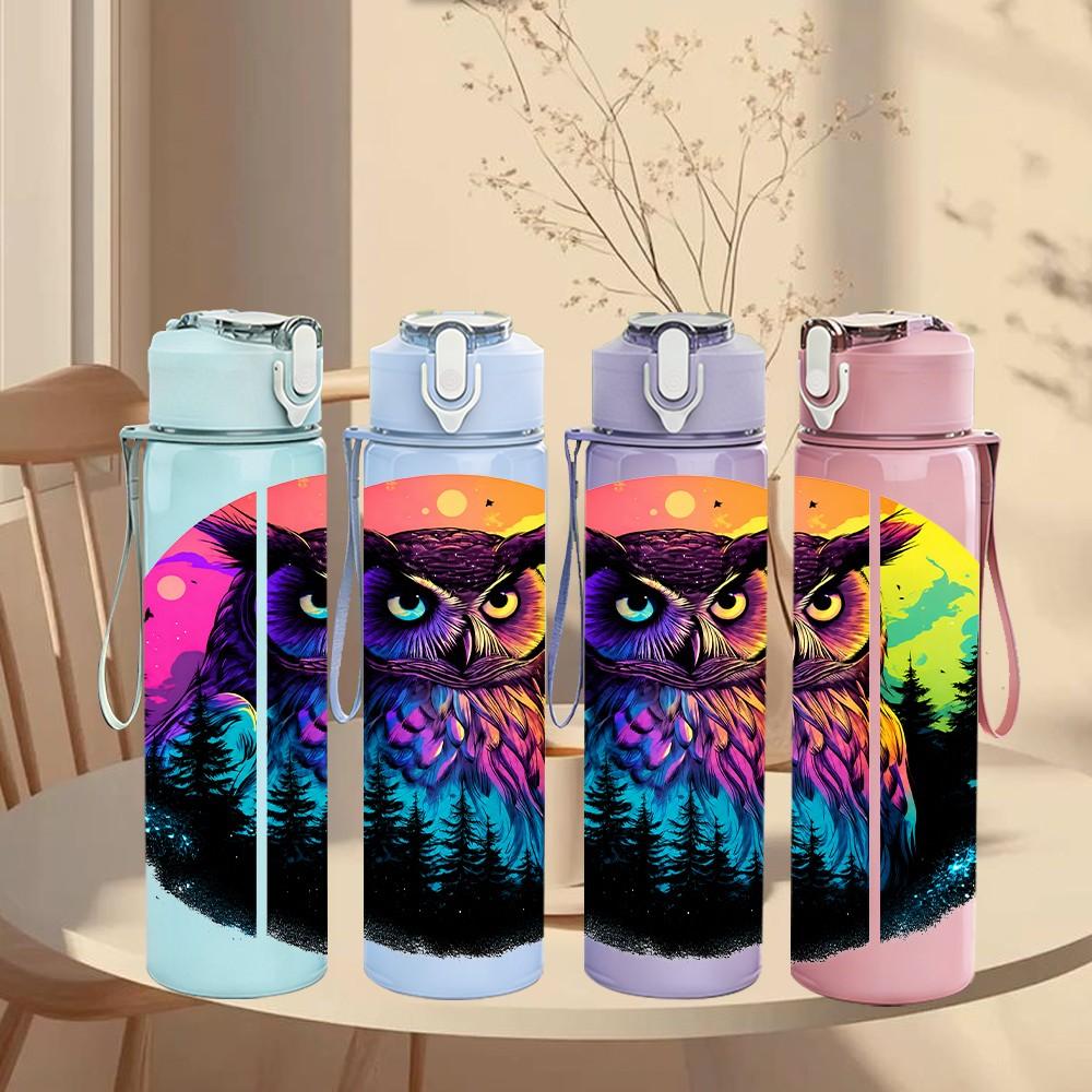 1PC Rainbow Colorful Owl 750ml Color Plastic Sports Water Bottle Leakproof Flip Straw Lid Suitable for Sports Office Home Use