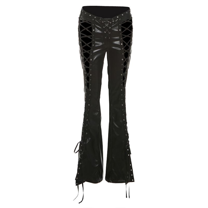 

# Sisjuly# American Hot Stage Rock Hollow out Strap Design Micro-Pull Leather High Waist Women s Casual Pants Black S