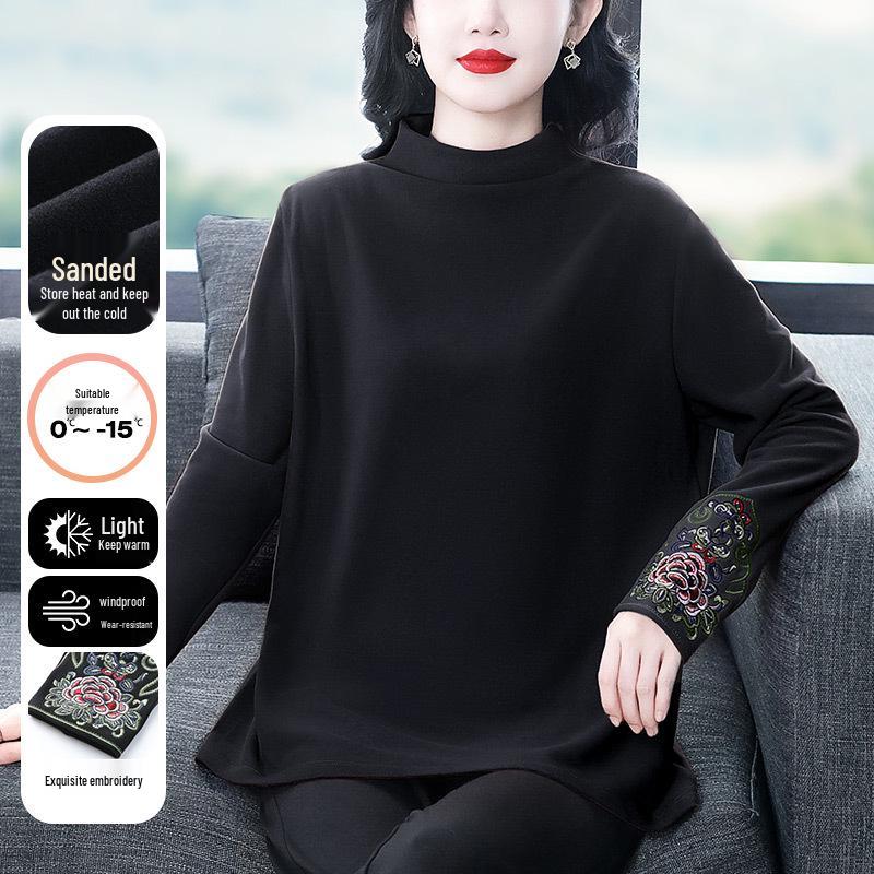 Camiseta de Felpa Bordada de Cuello Semi-Alto para Mujeres de Mediana Edad - Colección Otoño/Invierno
