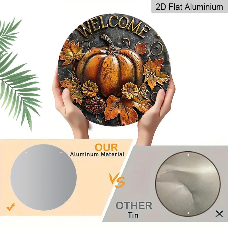 2D Flat, 1pc Fall Leaves Round Aluminum Sign, Pumpkin Round Aluminum Sign, Autumn Decor Metal Sign - Welcome Rustic Metal Wall Art, Wall Decor Signs