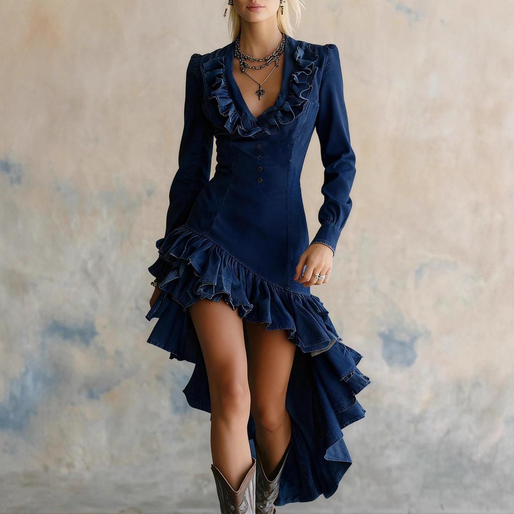 Women's Retro Elegant V-Neck Ruffle Dress - Casual Western Pastoral Style, Solid Color