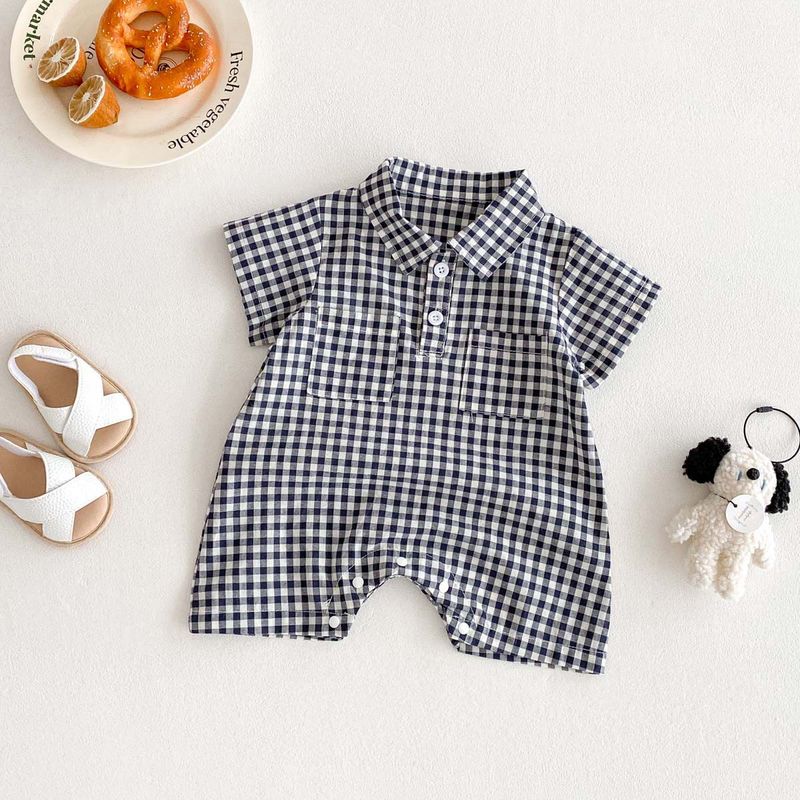 New Boys' Plaid Romper, Newborn Summer Pure Cotton Short-Sleeve Shirt, Baby Onesie, Thin Style
