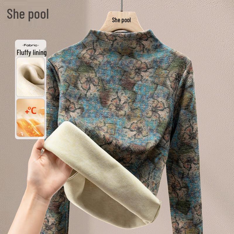 

Women s Merino Blend Fleece Lined Floral Half High-Neck Top L