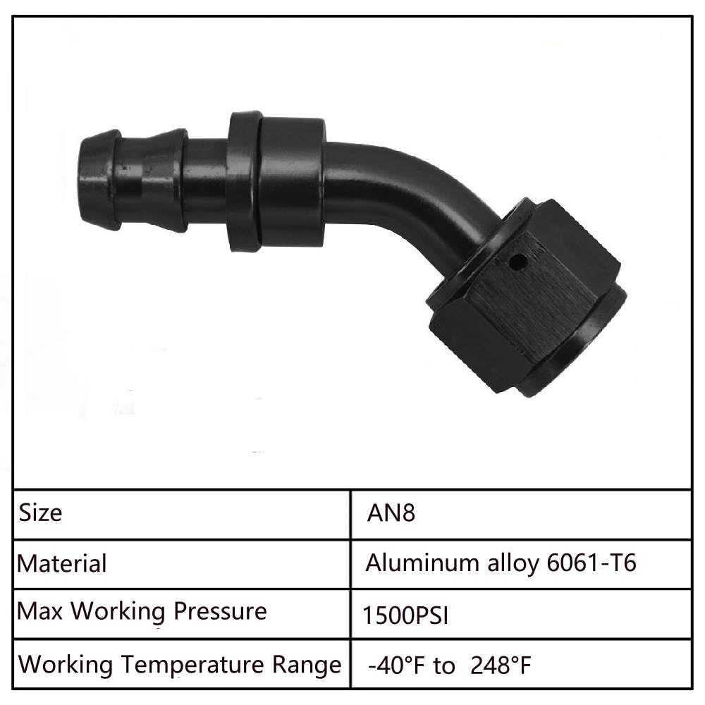 ZHSYMX 8AN 45 Degree Push Lock Hose Fitting and Hose Clamp End Black Rubber