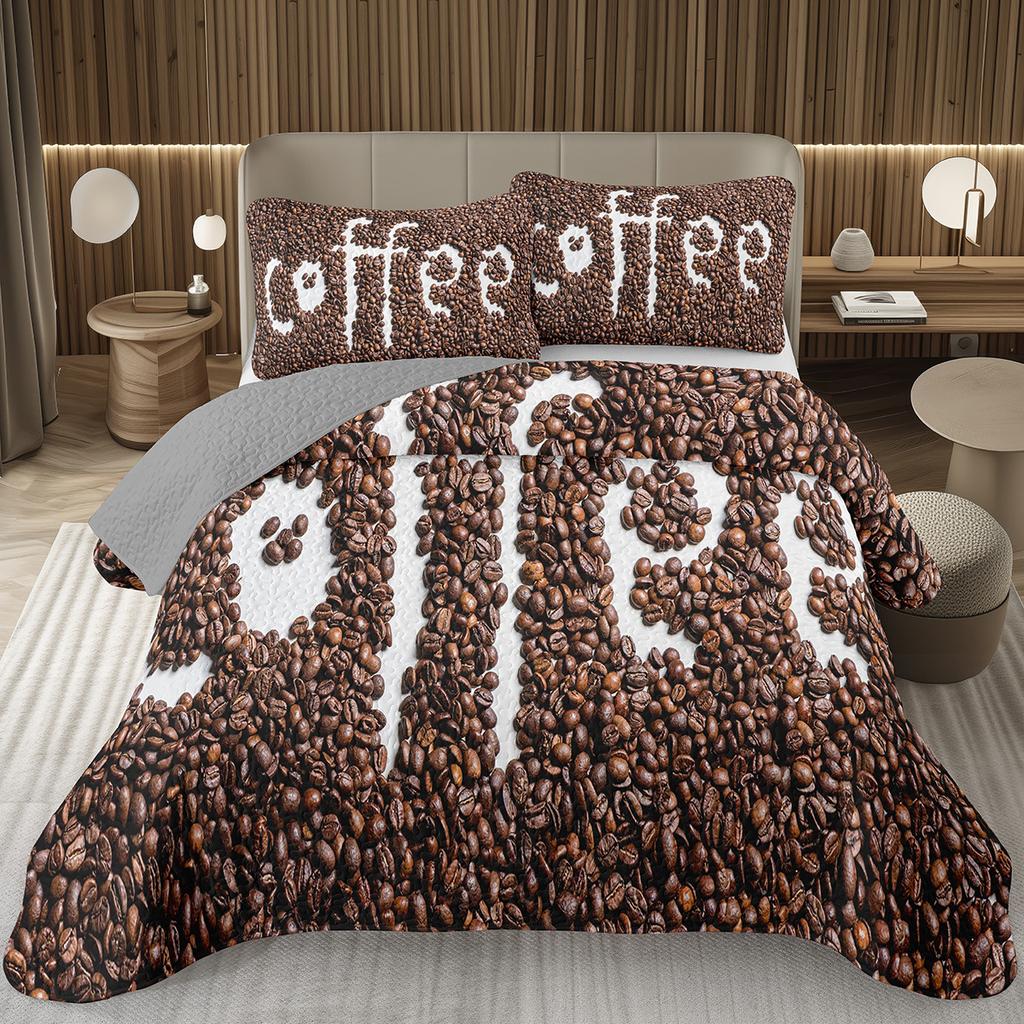 Single Twin Full Queen King Bedspread Set Coffee Bean Coverlet Set,Coffee Theme Bedding Set Coffee Lovers Gifts Room Decorations