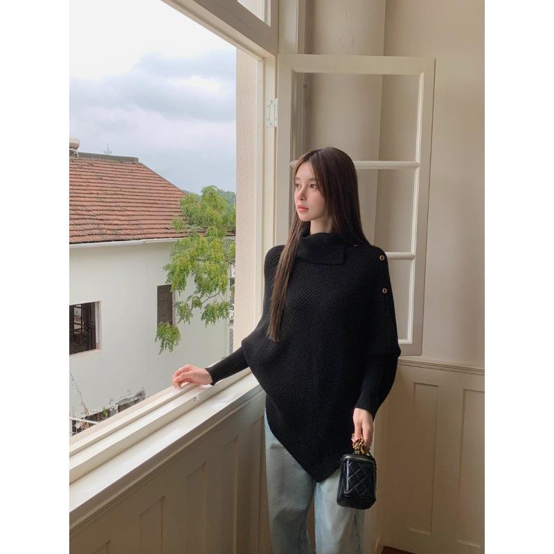 New Irregular Black High Neck Knit Top - Retro Japanese Lazy Style for Autumn/Winter