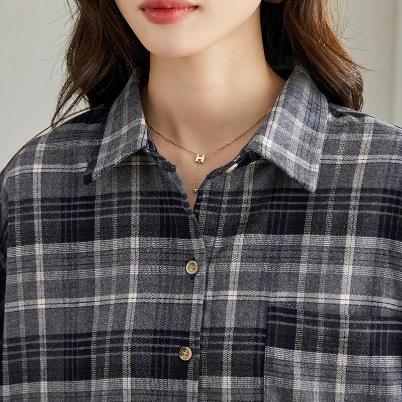 Spring New Top Loose and Thin Stacked Plaid Retro Shirt