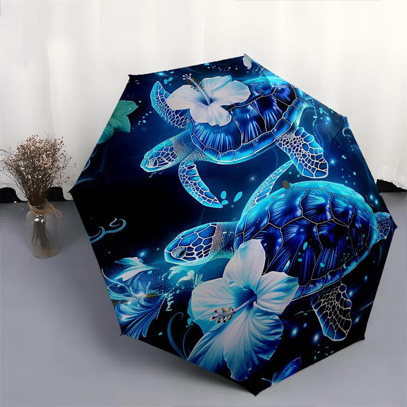 Turtle Flowers Theme 8 Bone Hand Automatic Folding Fashion umbrella, Compact and Portable Design, A Perfect Gift for Birthday, Christmas or