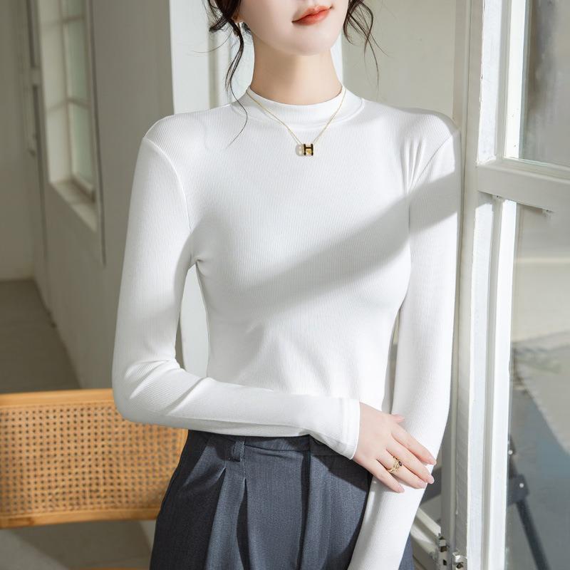 

Женская футболка с резьбой по низу, с маленьким воротником-стойкой, с длинным рукавом, весеннего стиля, с эластичным верхом, облегающего кроя 3XL белый