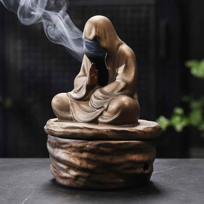 Ceramic No Face Buddha Meditation Incense Burner Backflow Monk Incense Holder Office Sculpture Decoration Incense Burner