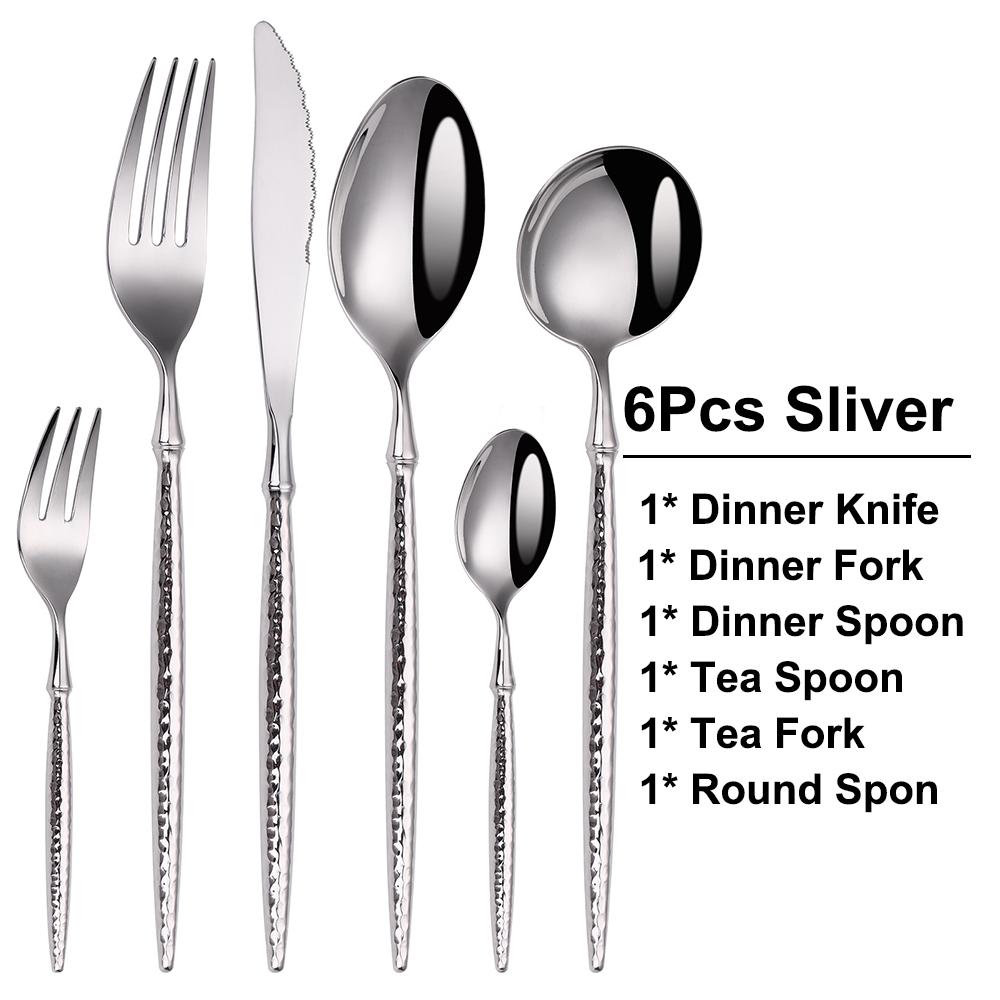 16/20/24Pcs Stainless Steel Tableware Set Gold Cutlery Sliver Knife Fork Spoon Western Hammer Pattern Handle Dinner Set Flatware
