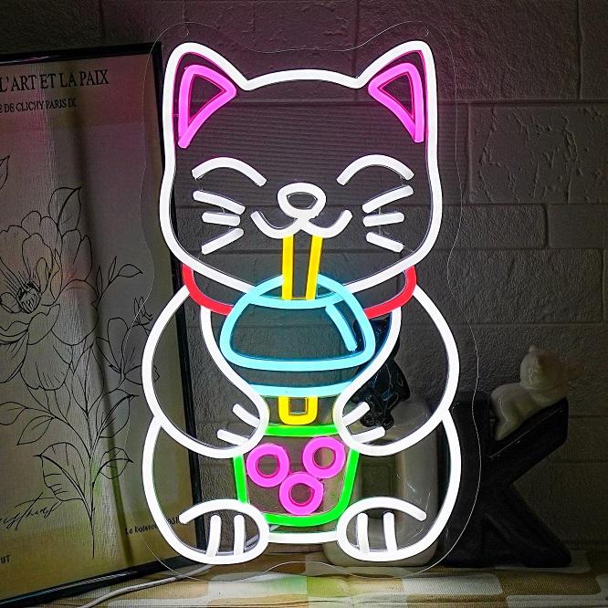 Boba Tea Neon Sign Cat Beer Neon Sign Bubble Tea Shop Sign Led Wall Decor Dimmable Room Decoration Dessert Shop Bar Club USB