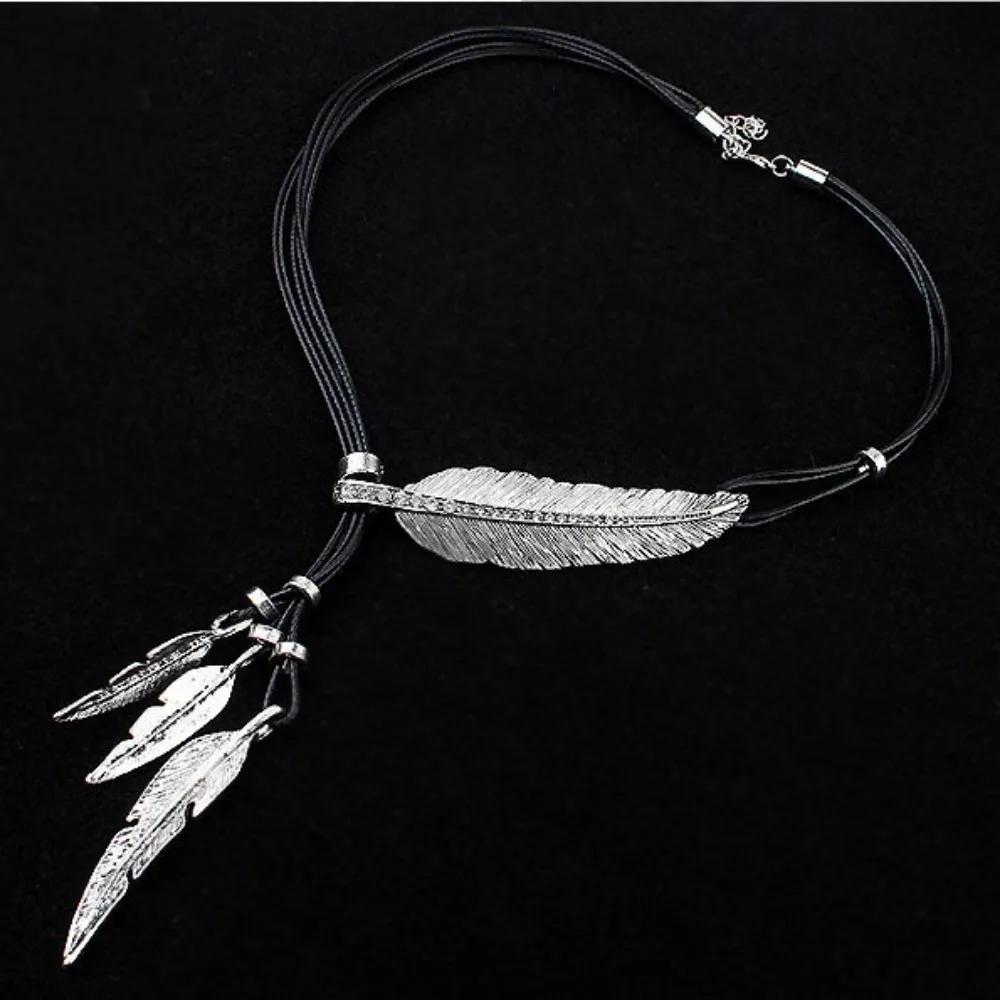 

Bohemian Style Rope Chain Leaf Feather Pattern Pendant For Women Fine Jewelry Collares Statement Necklace