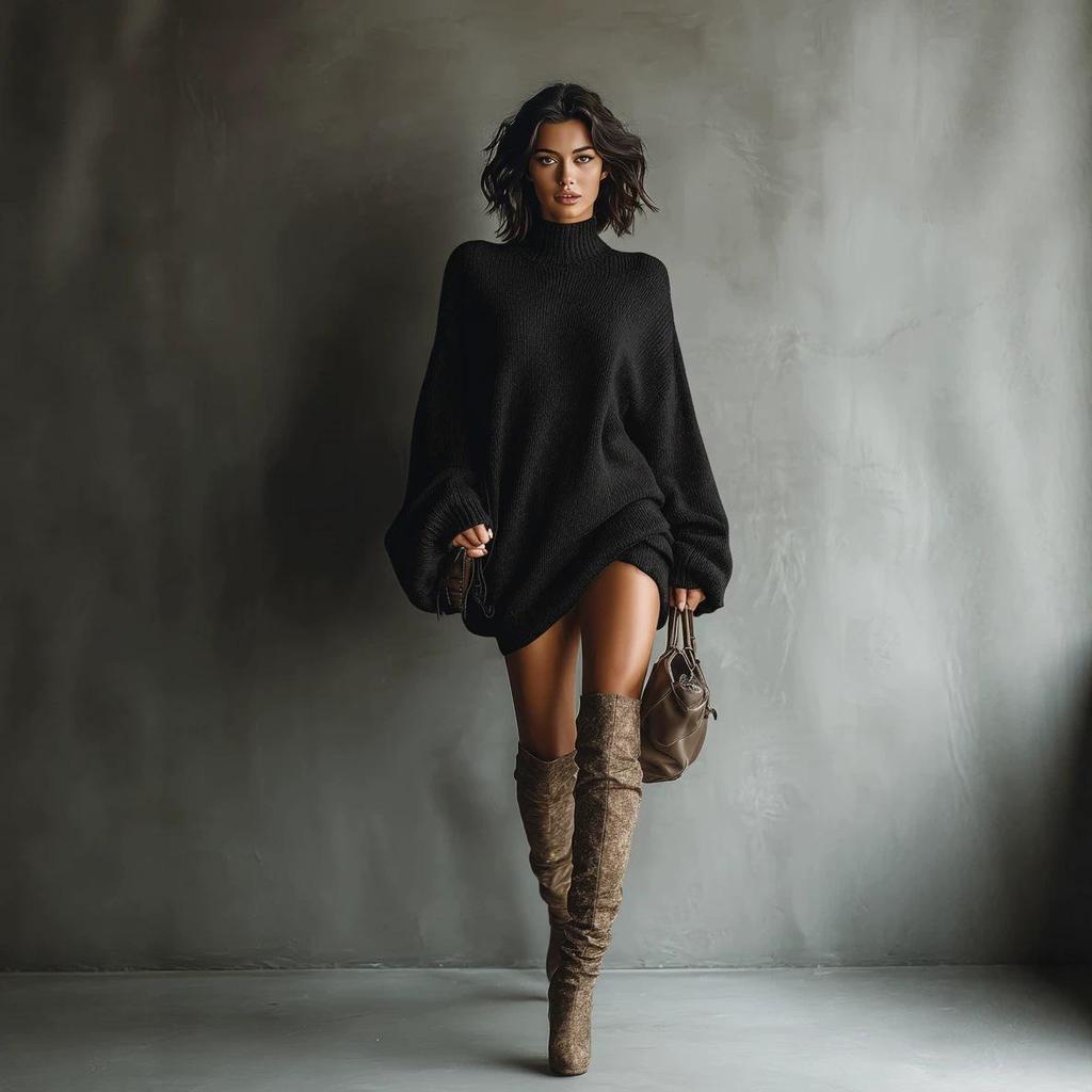 2026 Autumn Women's Retro Turtleneck Knit Mini Dress - Loose Fit Sweater Skirt