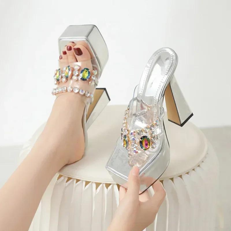 

Fashion New Design Platform Peep Toe Women Slippers PVC Transparent Broad Band Crystal Square High Heels Rome Shoes Sandal 35 серебряный