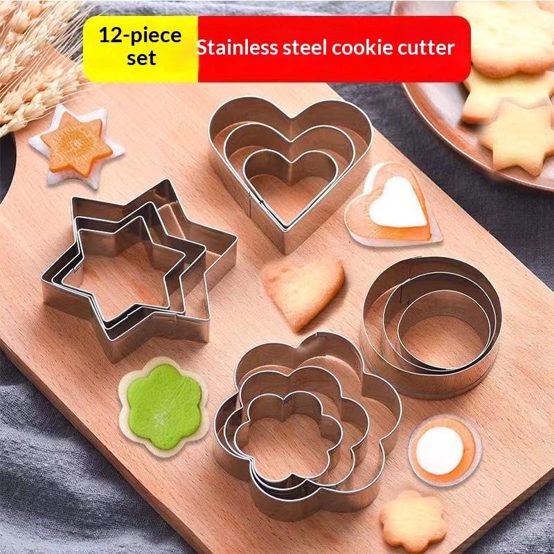 12Pcs Set Stainless Steel Cookie Biscuit DIY Mold Star Heart Round Flower Shape Cutter Baking Mould Tools Fruit Cut Egg Mold
