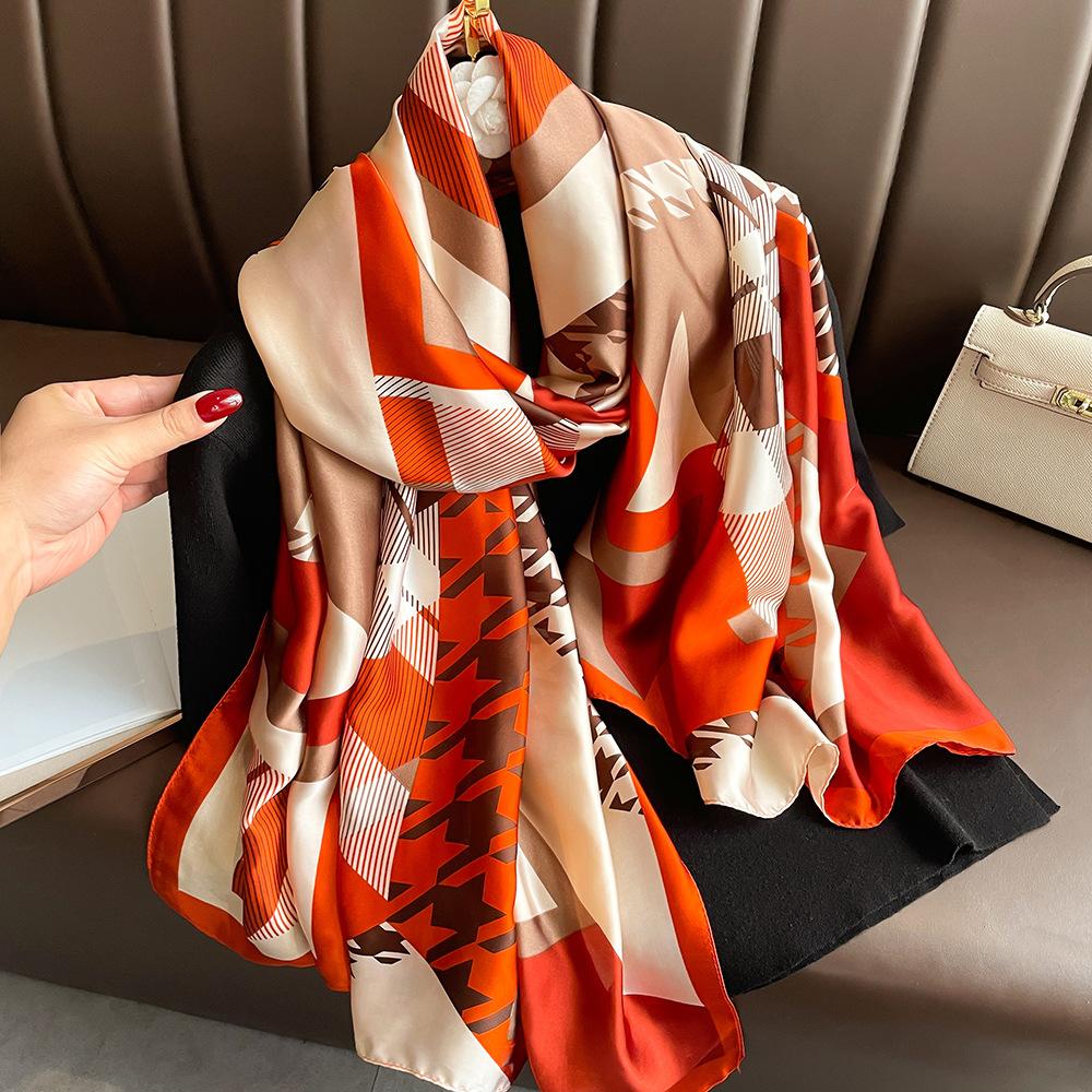 New silk scarf new silk satin printed shawl holiday fashion sunscreen long section simulation silk scarf