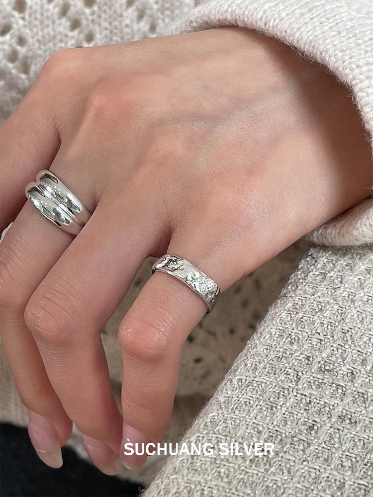 Su Chuang S925 Sterling Silver Textured Open Ring for Women - Versatile High-End Stacking Design