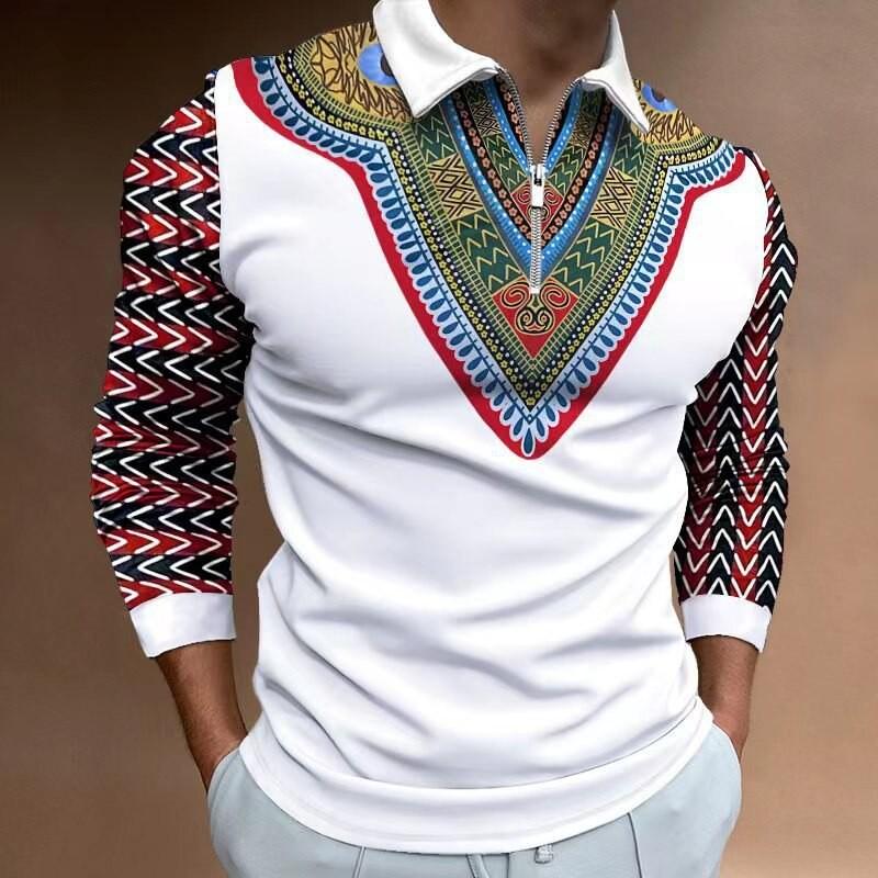 Christmas-themed long sleeve zip polo, stylish holiday casual top
