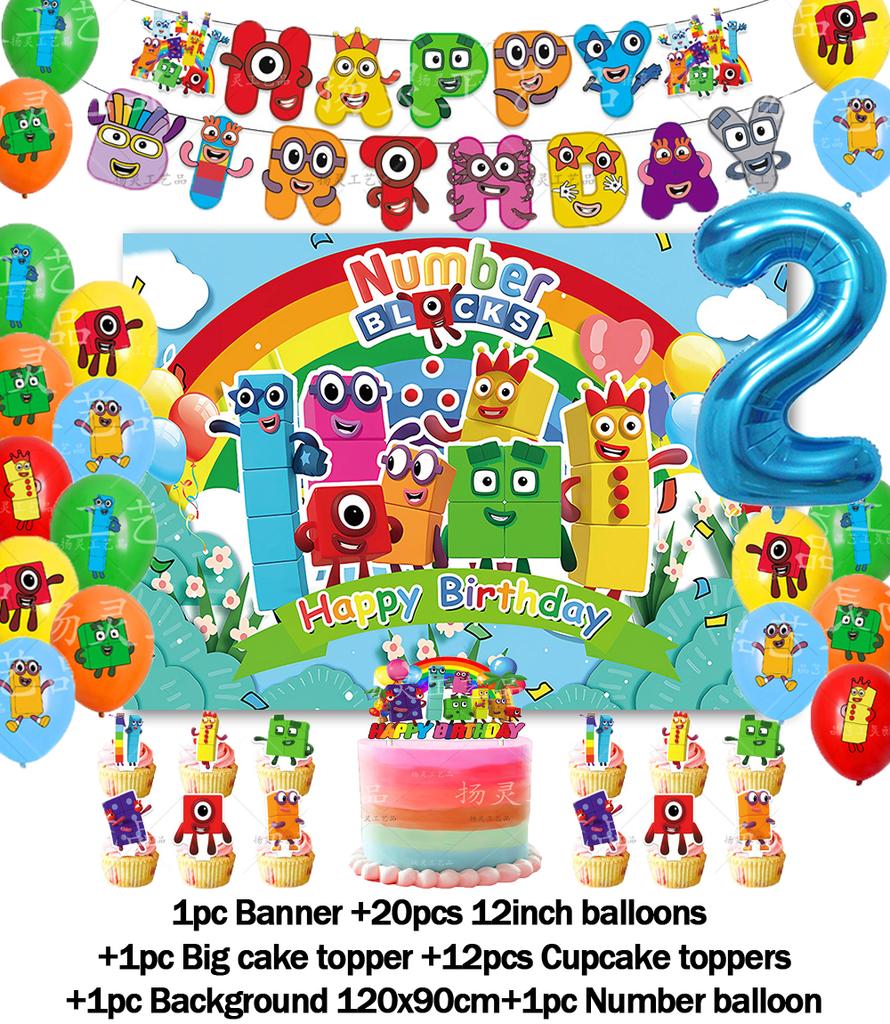 Cartoon Blocked Number Theme Birthday Party Decoration Building Background Plate Cup Balloon Backdrop Photography Prop Kid Gifts