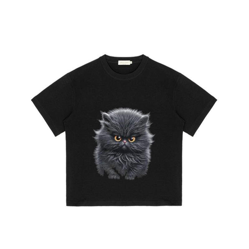 Crewneck T Shirt Black Fluffy Cat Print for Casual Wear