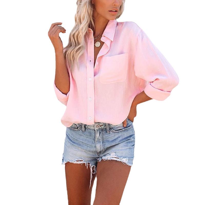 European & American Women's Solid Color Pocket Long Sleeve Loose Blouse