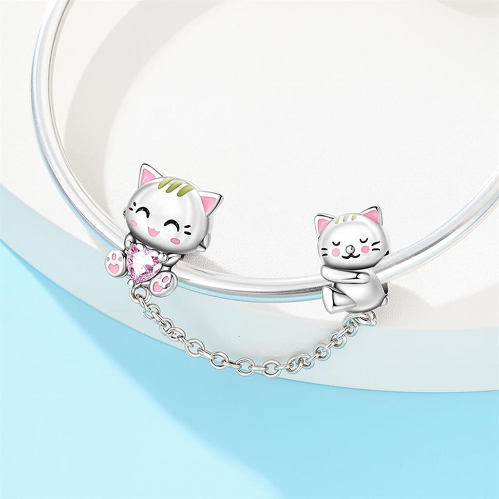 Charms Cute Pet Healing Pink Cat Safety Chain Beads Fit Charms 927 Silver Bracelets for Women Women Jewelry Making Diy